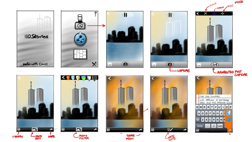 The 110 Stories iPhone app, showing the twin towers drawn back onto the Lower Manhattan skyline
