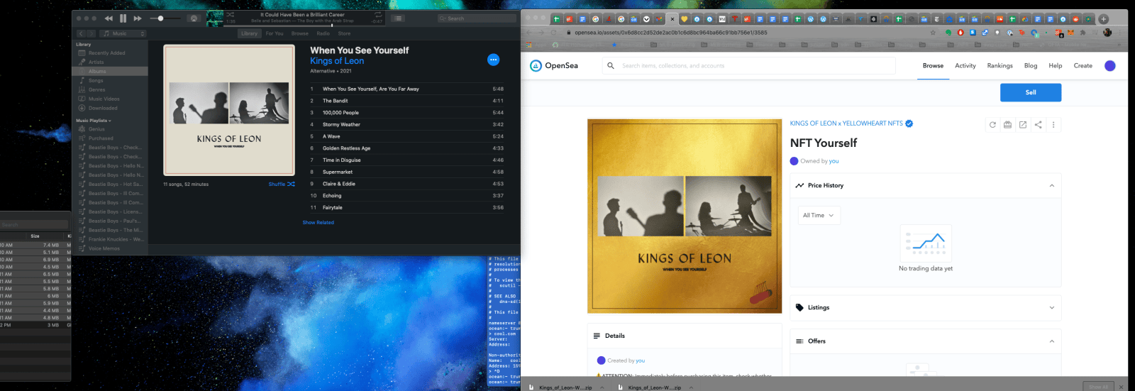Screenshot of a desktop with the Kings of Leon album When You See Yourself open in a music app and its NFT Yourself listing on OpenSea