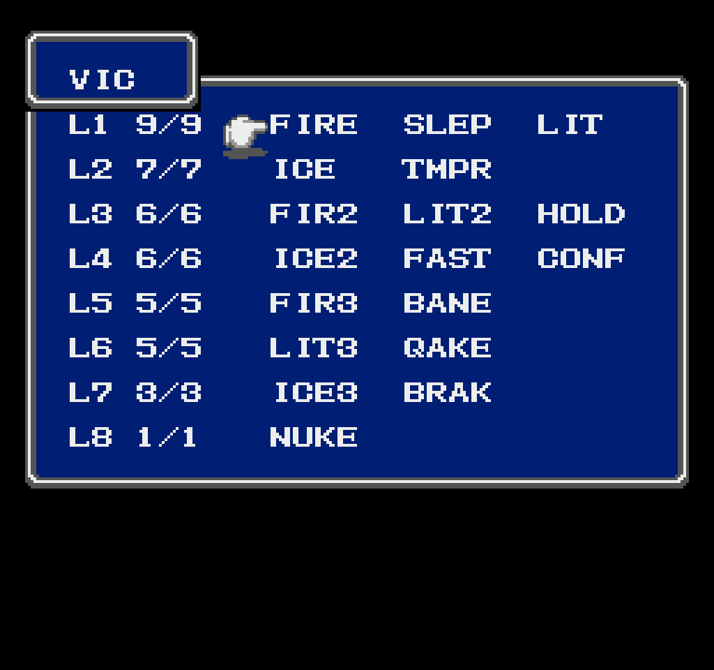 VIC's spell list, from FIRE all the way up to NUKE
