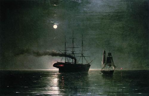 A painting of a steamship and a sailing ship on calm water at night under a full moon