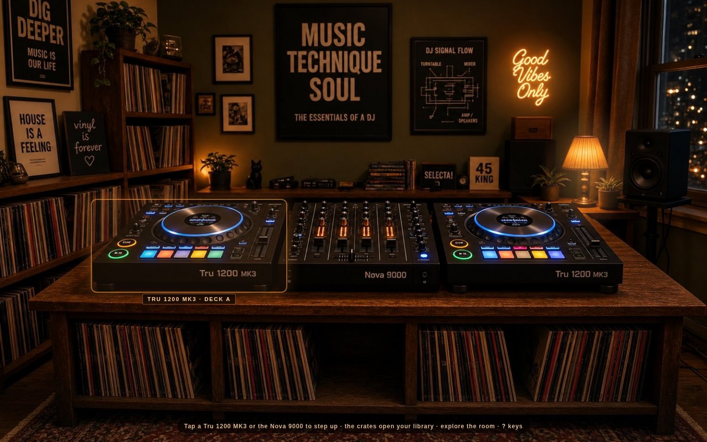 The spin DJ room: two decks and a mixer in a cozy studio
